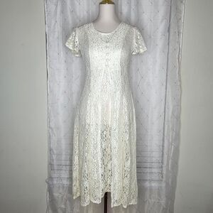 Sarah Richards Cream Sheer Lace Sheath Maxi Dress Size 3 / 4‎ Romantic Timeless